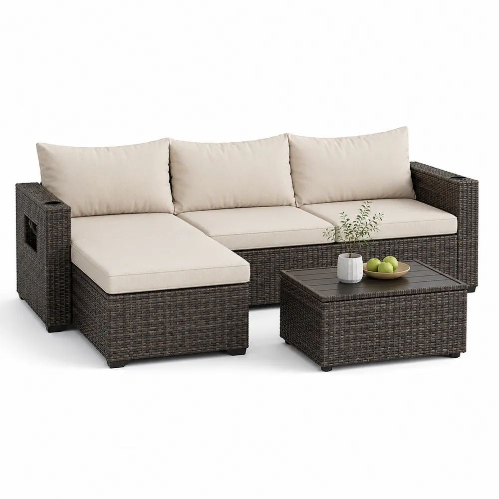 Salon de jardin modulable 4 pièces intérieur et extérieur, canapé d’angle 3 places en résine tressée marron foncé avec coussins beige clair et table basse, 225 × 145 × 72 cm