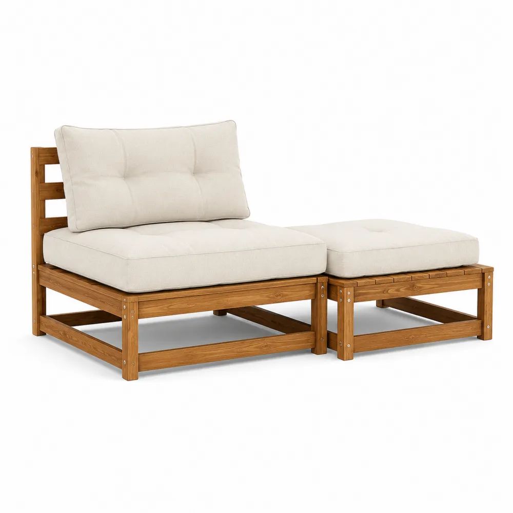 Ensemble canapé de jardin modulable 1 place avec repose-pieds en bois d’acacia massif, coussins écrus, 152 × 76 × 79 cm