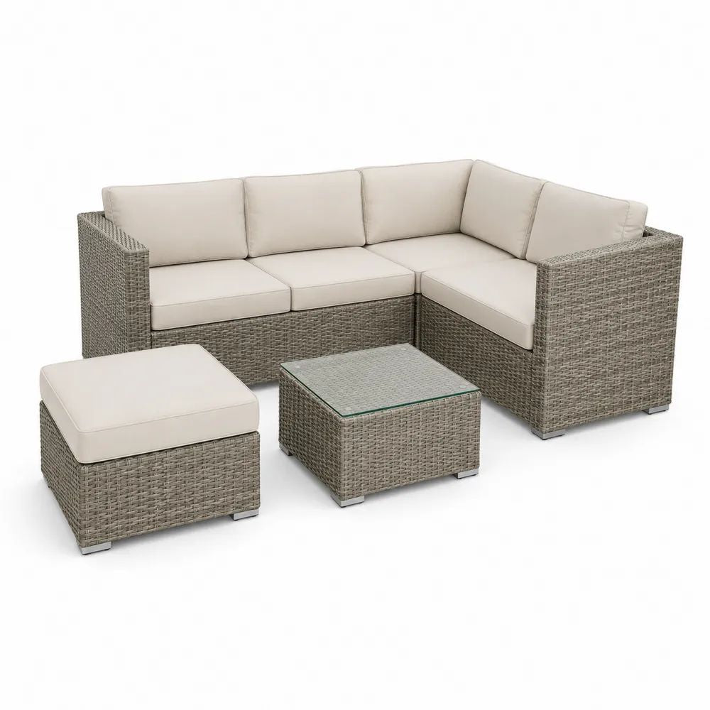 Salon de jardin d’angle 5 places, ensemble 4 pièces en résine tressée gris taupe avec coussins beiges, 194 × 194 × 66 cm