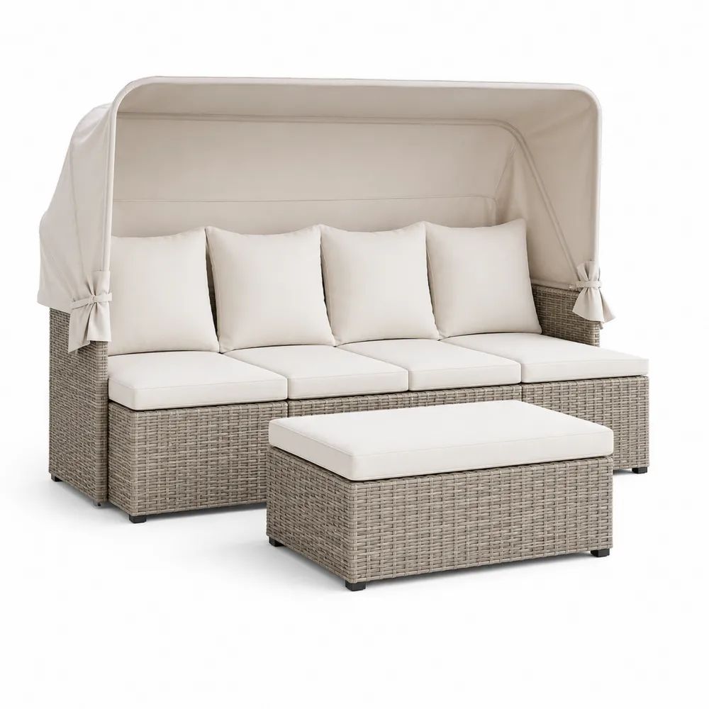 Ensemble de jardin 4 places avec canapé à auvent et repose-pieds en résine tressée PE, taupe et beige clair, canapé 228 × 78 × 180 cm