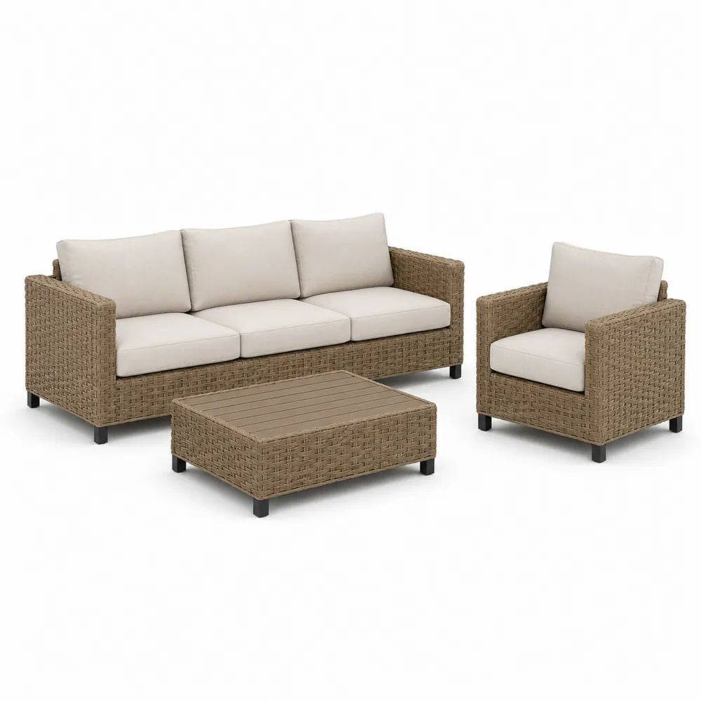 Salon de jardin extérieur 4 places en résine tressée taupe, 3 pièces, canapé 190 × 75 × 75 cm, fauteuil 78 × 75 × 75 cm et table basse 100 × 60 × 35 cm