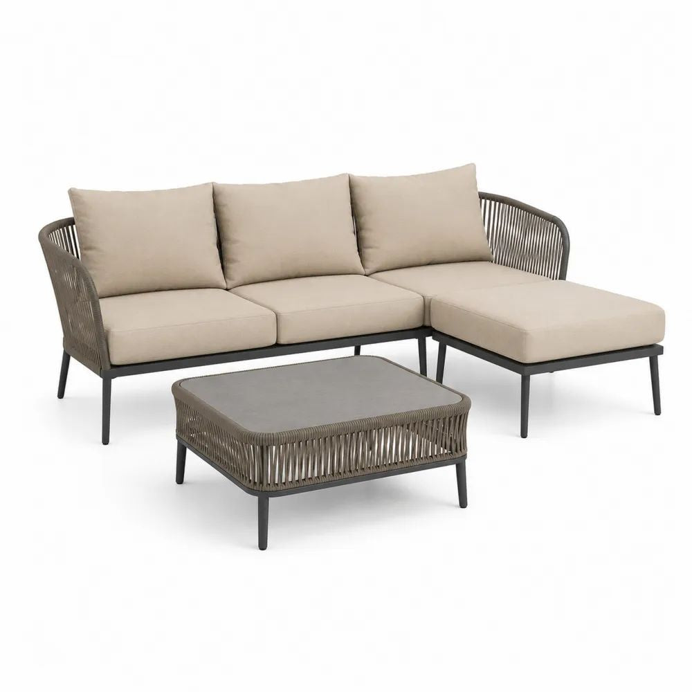 Ensemble salon de jardin extérieur 3 places en aluminium et corde polyester, canapé d’angle avec méridienne droite 220 × 150 × 77 cm et table basse 90 × 60 × 40 cm, beige, taupe, anthracite et gris