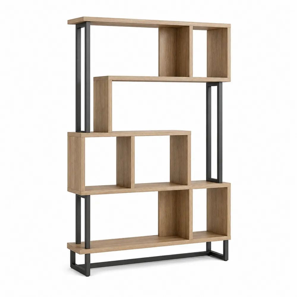 Bibliothèque étagère ouverte à 4 niveaux en panneaux de particules et acier, design asymétrique, chêne naturel et noir, 120 × 30 × 180 cm