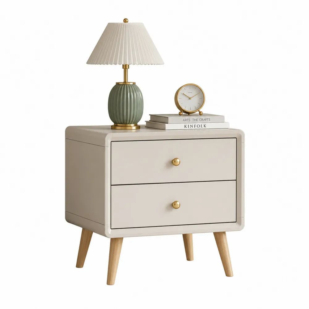 Table de chevet rectangulaire en bois à 2 tiroirs, beige, bois clair et doré, 50 x 40 x 55 cm