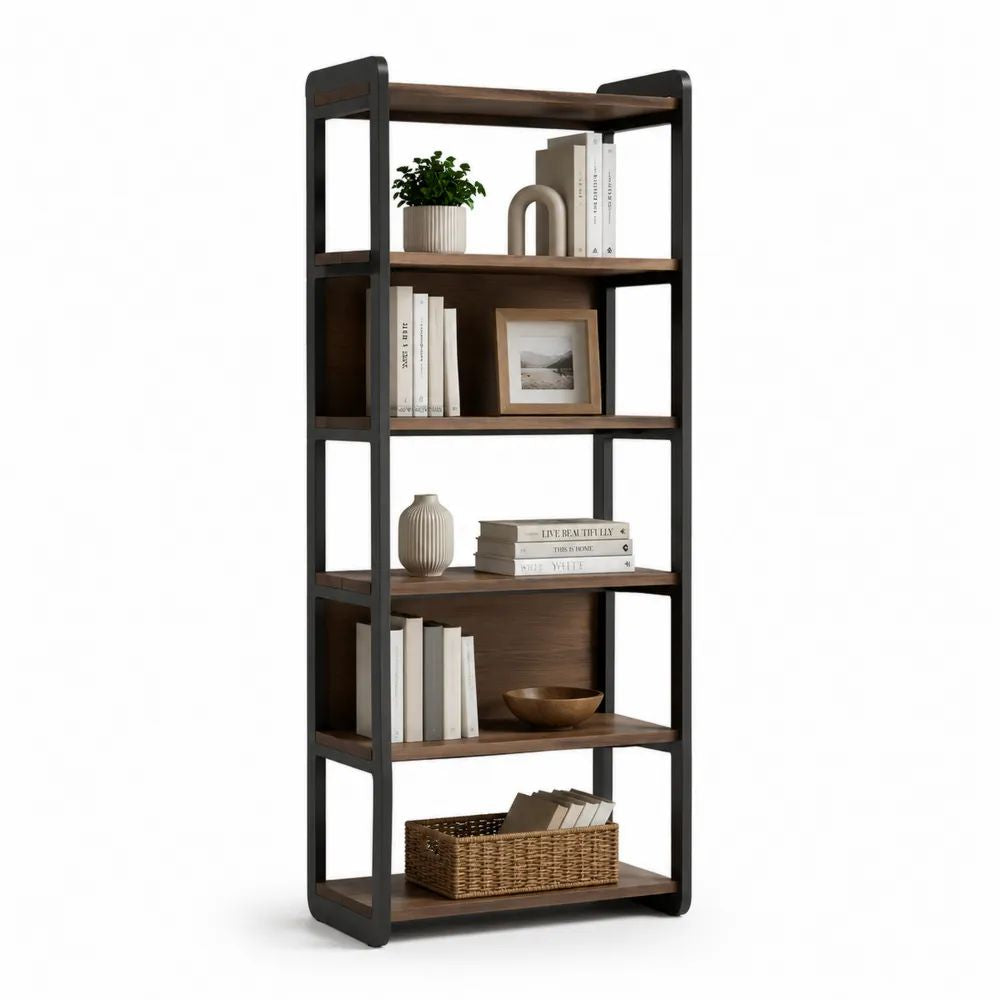 Bibliothèque étagère rectangulaire à 6 niveaux en MDF mélaminé effet noyer et acier noir, 70 × 30 × 180 cm