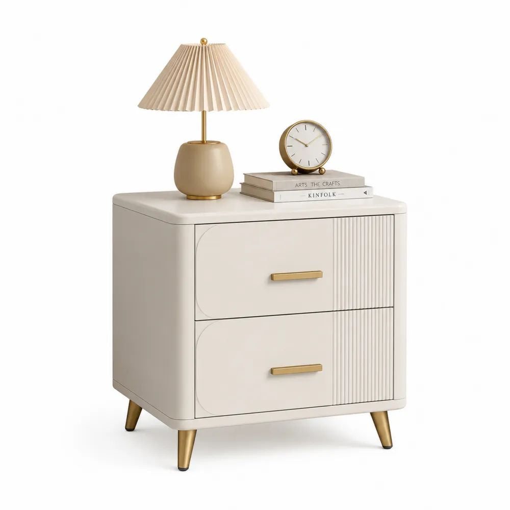 Table de chevet rectangulaire en MDF avec 2 tiroirs, beige et doré, 50 × 40 × 60 cm