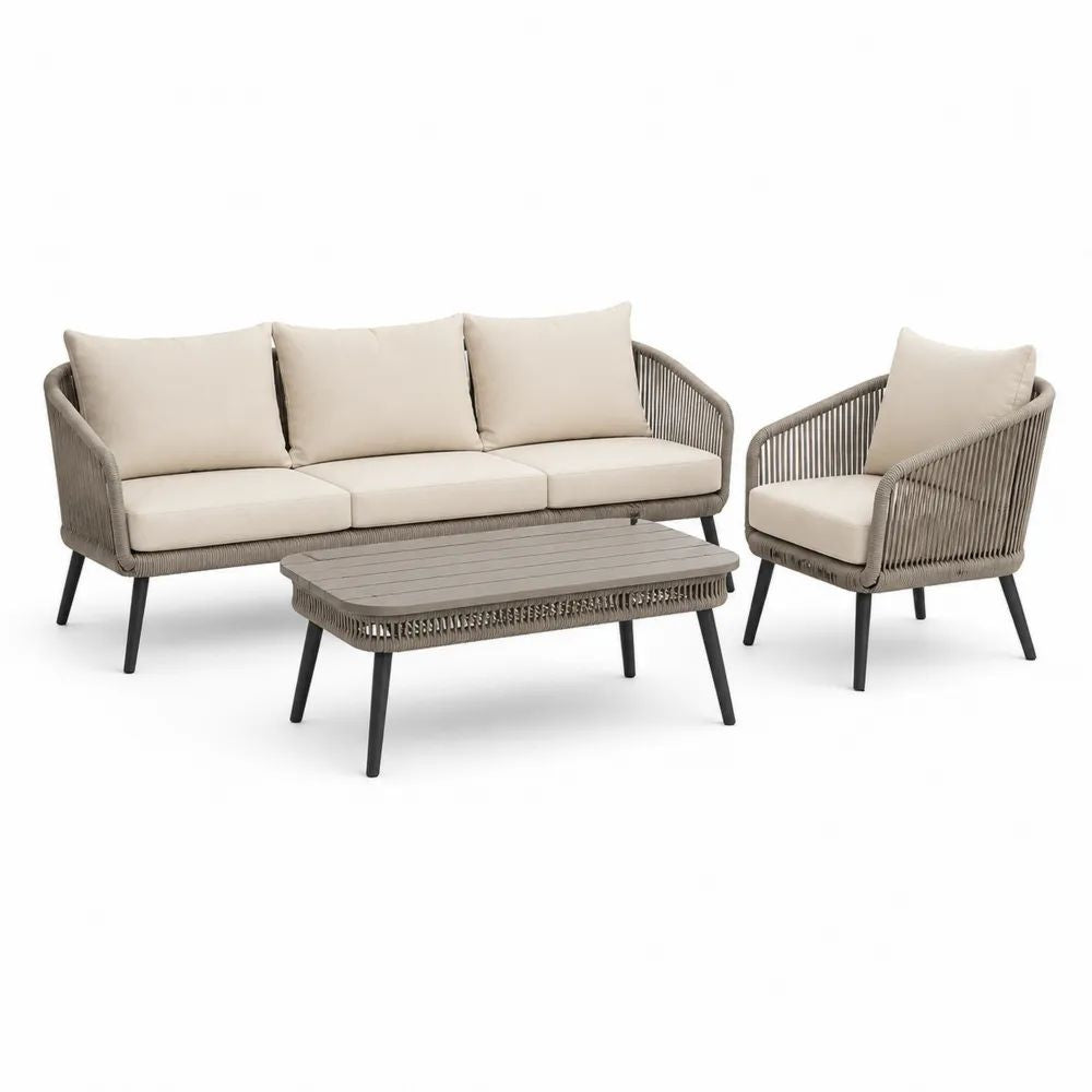 Salon de jardin extérieur 3 pièces en corde et acier, canapé 3 places 190 × 78 × 78 cm, fauteuil et table basse, taupe, beige et noir