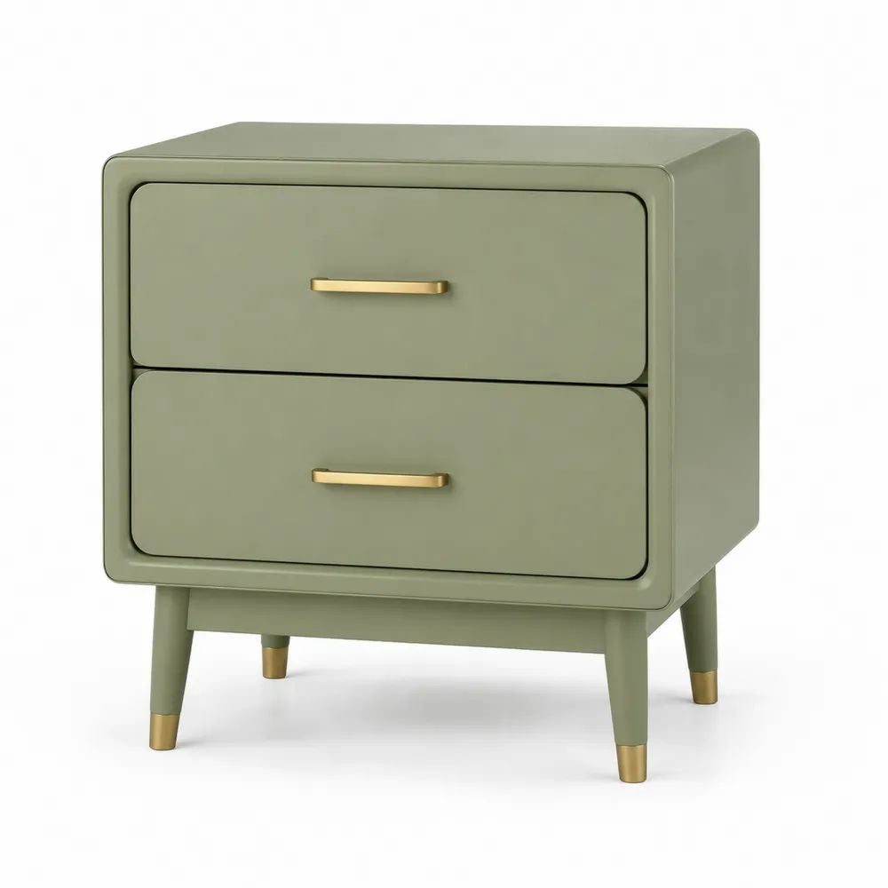 Table de chevet rectangulaire en bois et métal à 2 tiroirs, vert sauge et doré, 50 × 40 × 60 cm