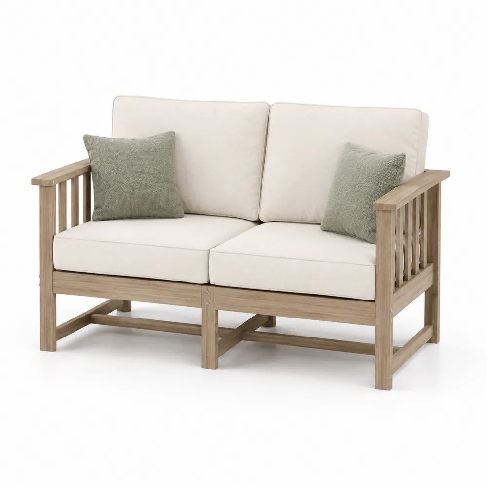 Canapé de jardin 2 places en bois d’acacia massif avec coussins beige et vert sauge, 127 x 75 x 78 cm