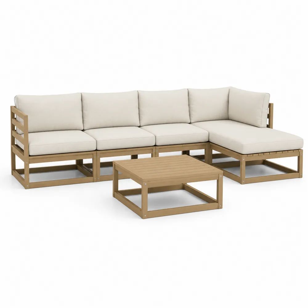 Salon de jardin d’angle extérieur 5 pièces en bois avec coussins beige, 252 × 168 × 71 cm