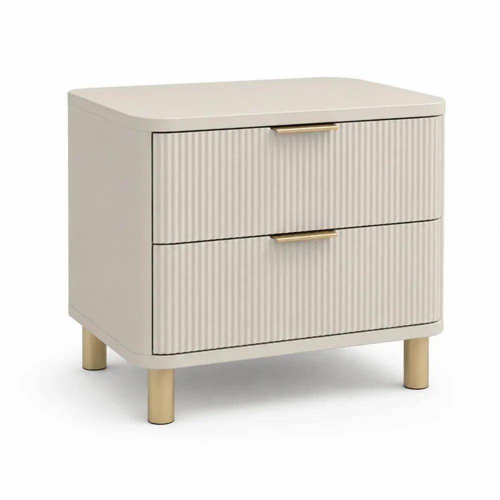 Table de chevet rectangulaire beige et dorée à 2 tiroirs en MDF et acier, 50 × 40 × 50 cm