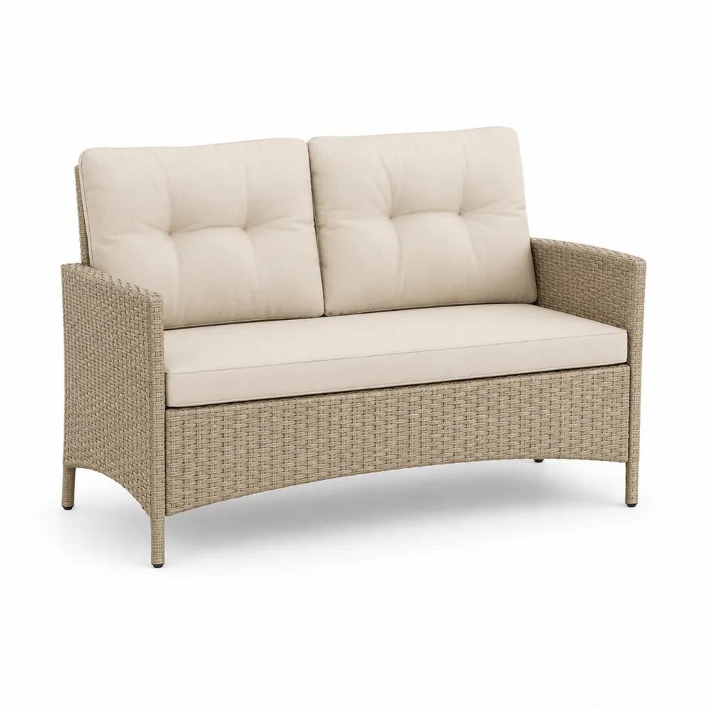 Banc de jardin extérieur 2 places en résine tressée beige avec coussins crème, 124 × 68 × 78 cm