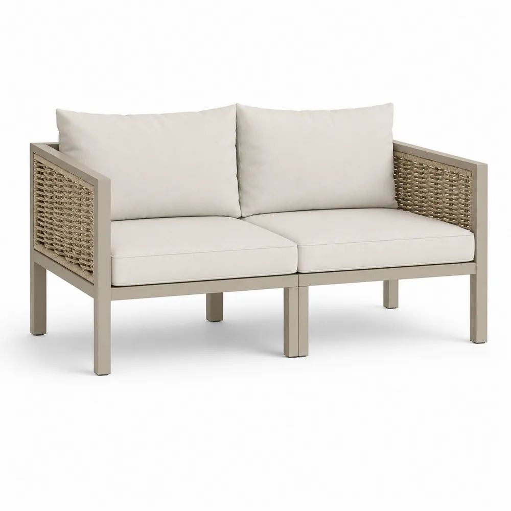 Canapé de jardin 2 places en aluminium et résine tressée beige taupe avec coussins écrus, 138 × 75 × 75 cm
