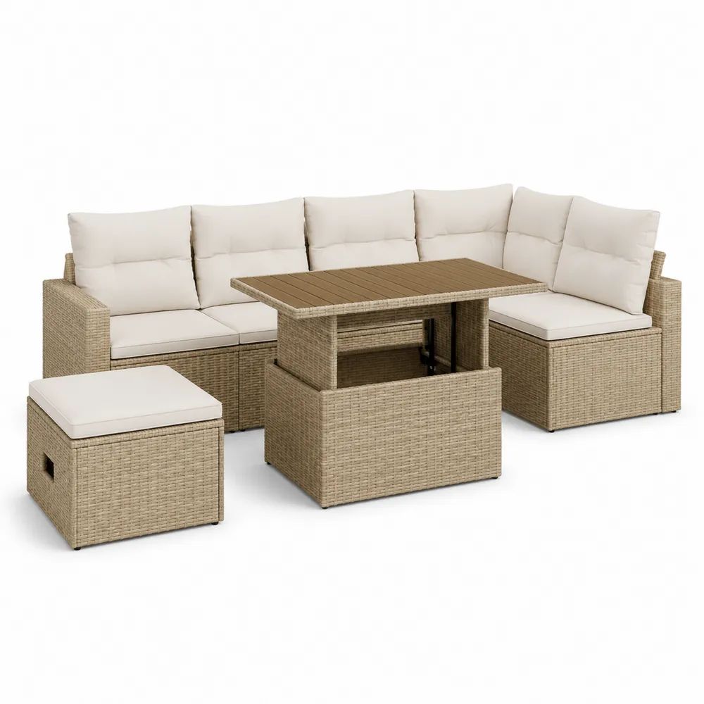 Salon de jardin extérieur 8 pièces en résine tressée beige, canapé d’angle 6 places 257 × 193 × 73 cm, table réglable et repose-pieds