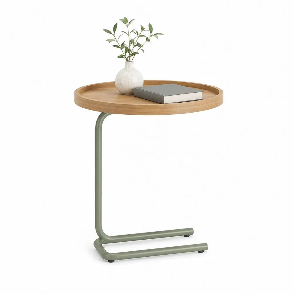 Table d’appoint ronde en MDF et métal, chêne naturel et vert sauge, Ø 45 x H 60 cm