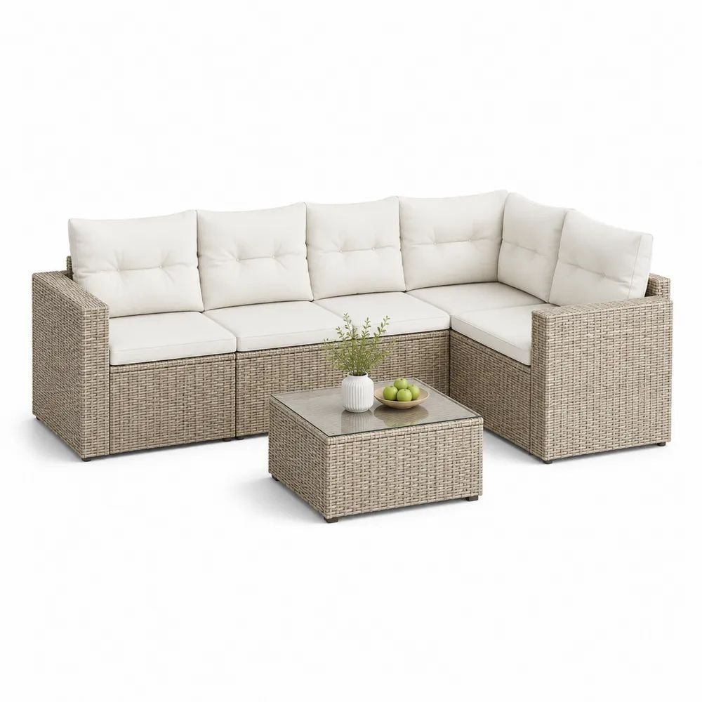 Salon de jardin d’angle 5 pièces 4 places en résine tressée beige avec coussins écrus et table basse, 228 × 171 × 69 cm