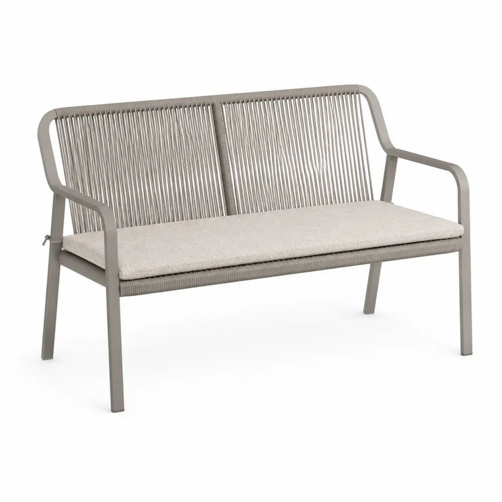 Banc de jardin extérieur 2 places en aluminium et corde tressée gris taupe avec coussin beige, 120 × 65 × 82 cm