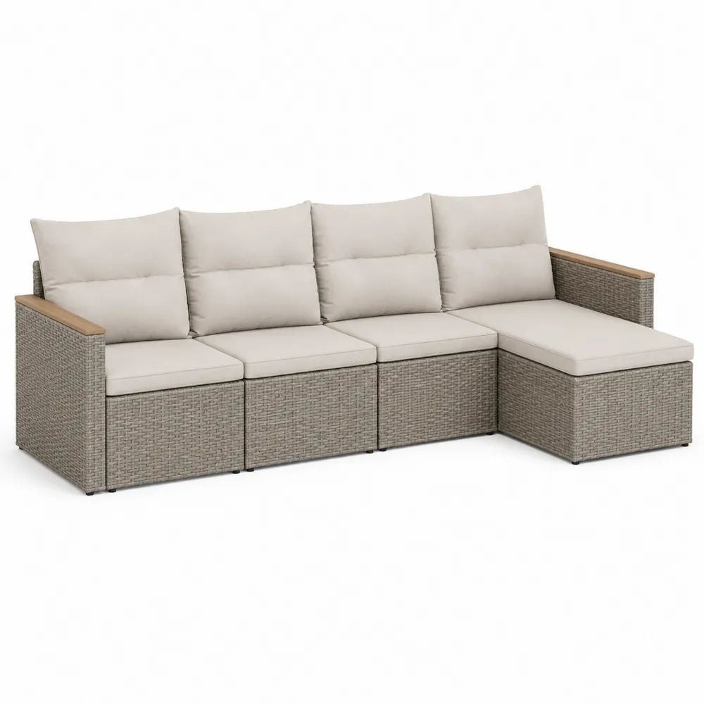 Canapé de jardin modulable 4 places en résine tressée avec méridienne droite, gris taupe et beige, 260 x 140 x 82 cm