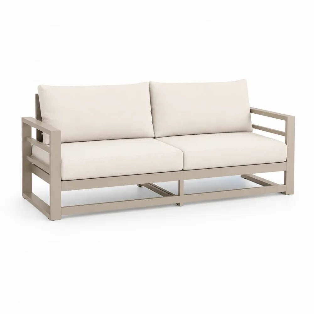Canapé de jardin 2 places en aluminium taupe avec coussins écrus, 156 x 80 x 77 cm