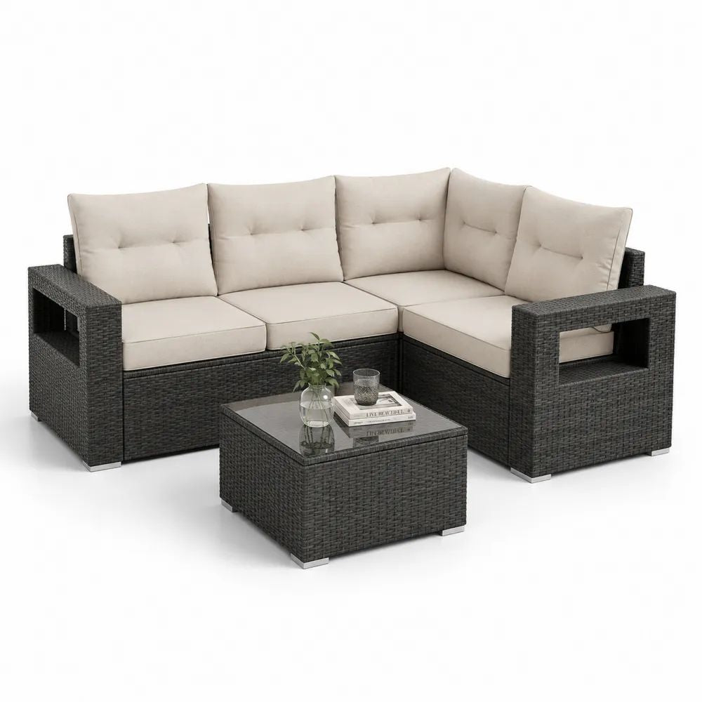 Salon de jardin d’angle 5 places en résine tressée avec table basse, 190 × 190 × 74 cm, noir et beige