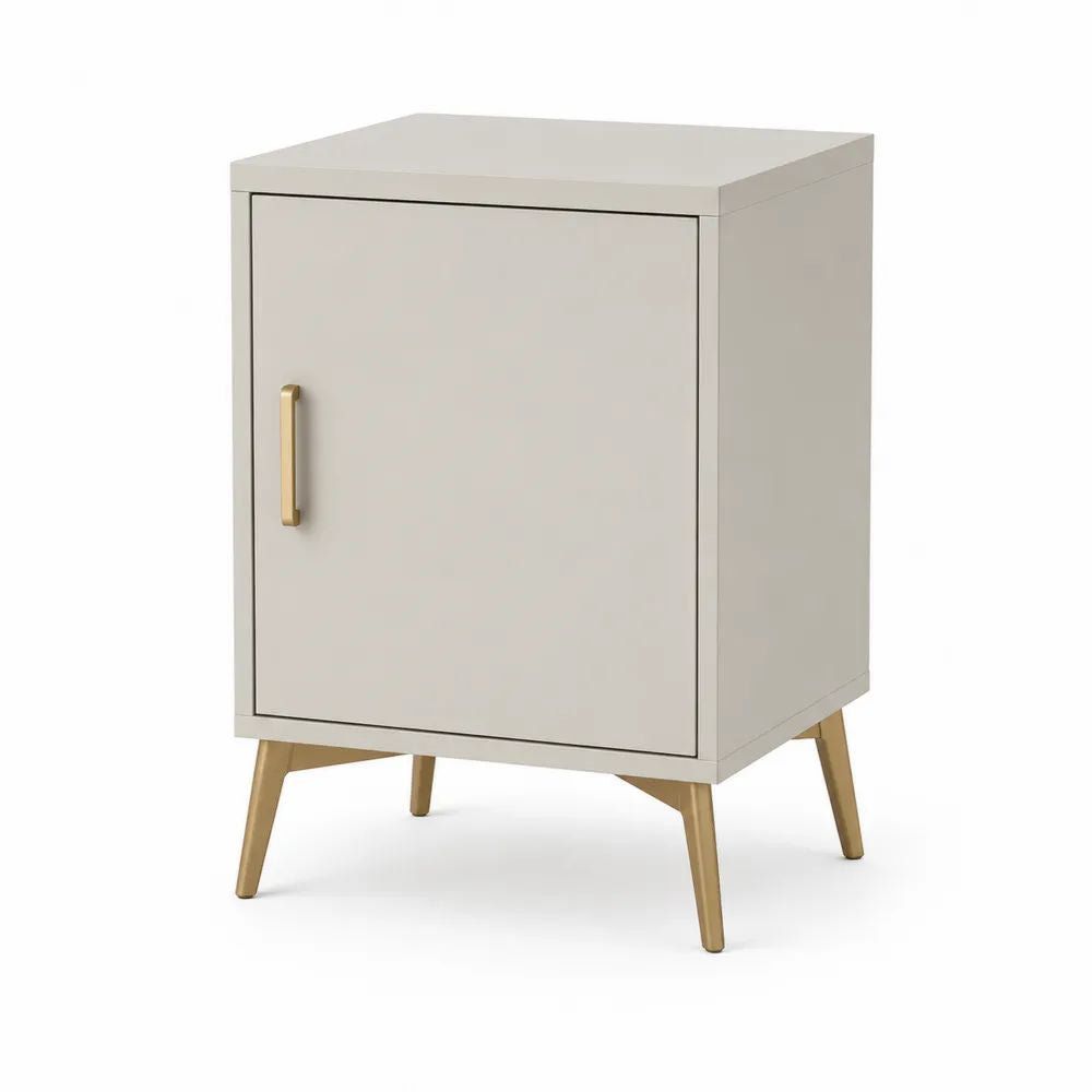 Table de chevet rectangulaire à 1 porte en MDF et acier, blanc cassé et doré, 40 x 35 x 60 cm