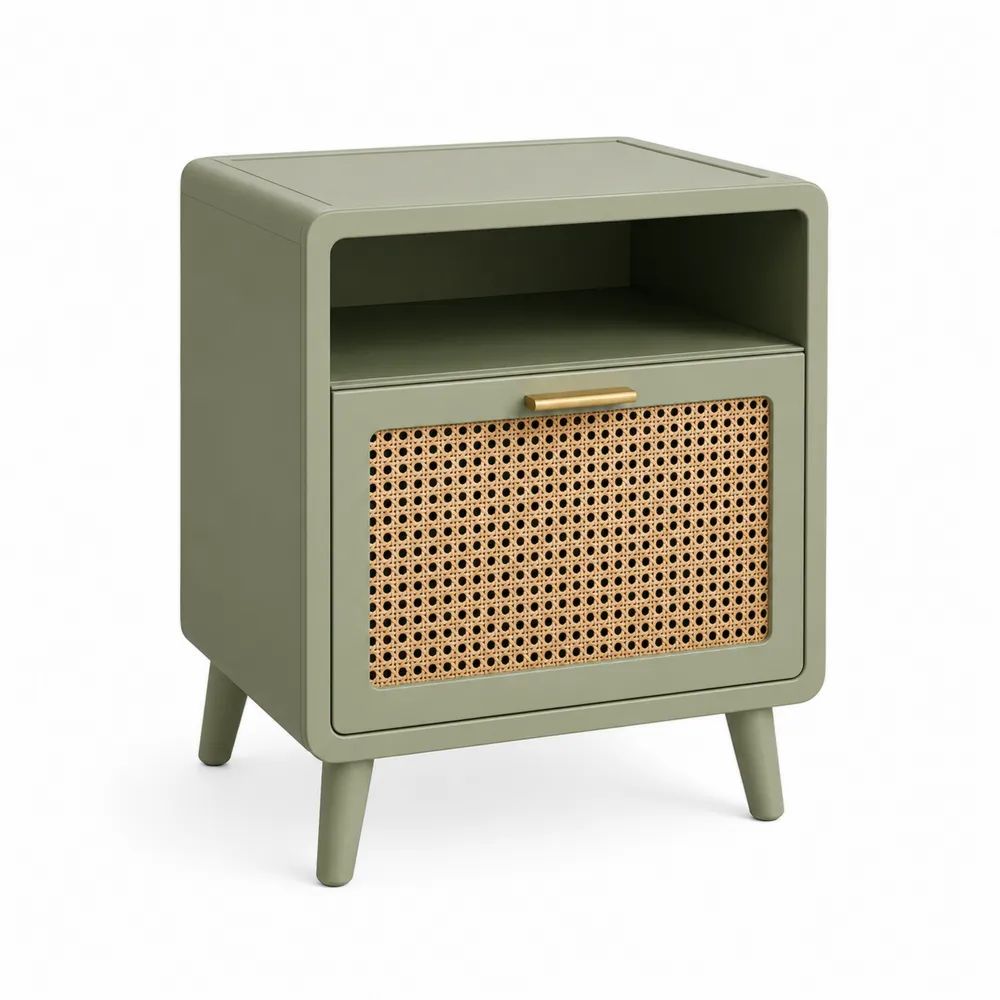 Table de chevet rectangulaire en MDF vert olive avec niche et porte en cannage de rotin, 48 x 40 x 60 cm