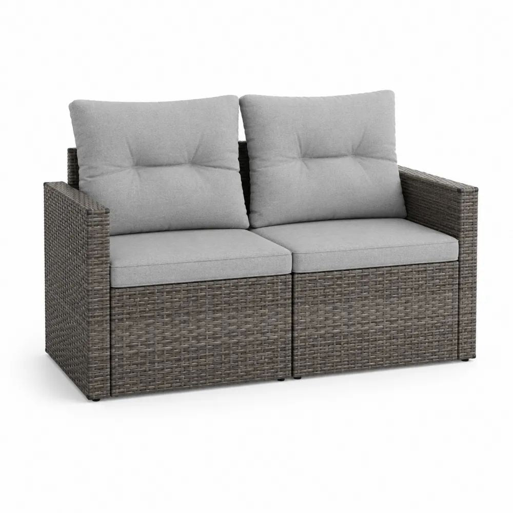 Canapé de jardin 2 places en résine tressée grise avec coussins gris clair, 124 × 62 × 74 cm