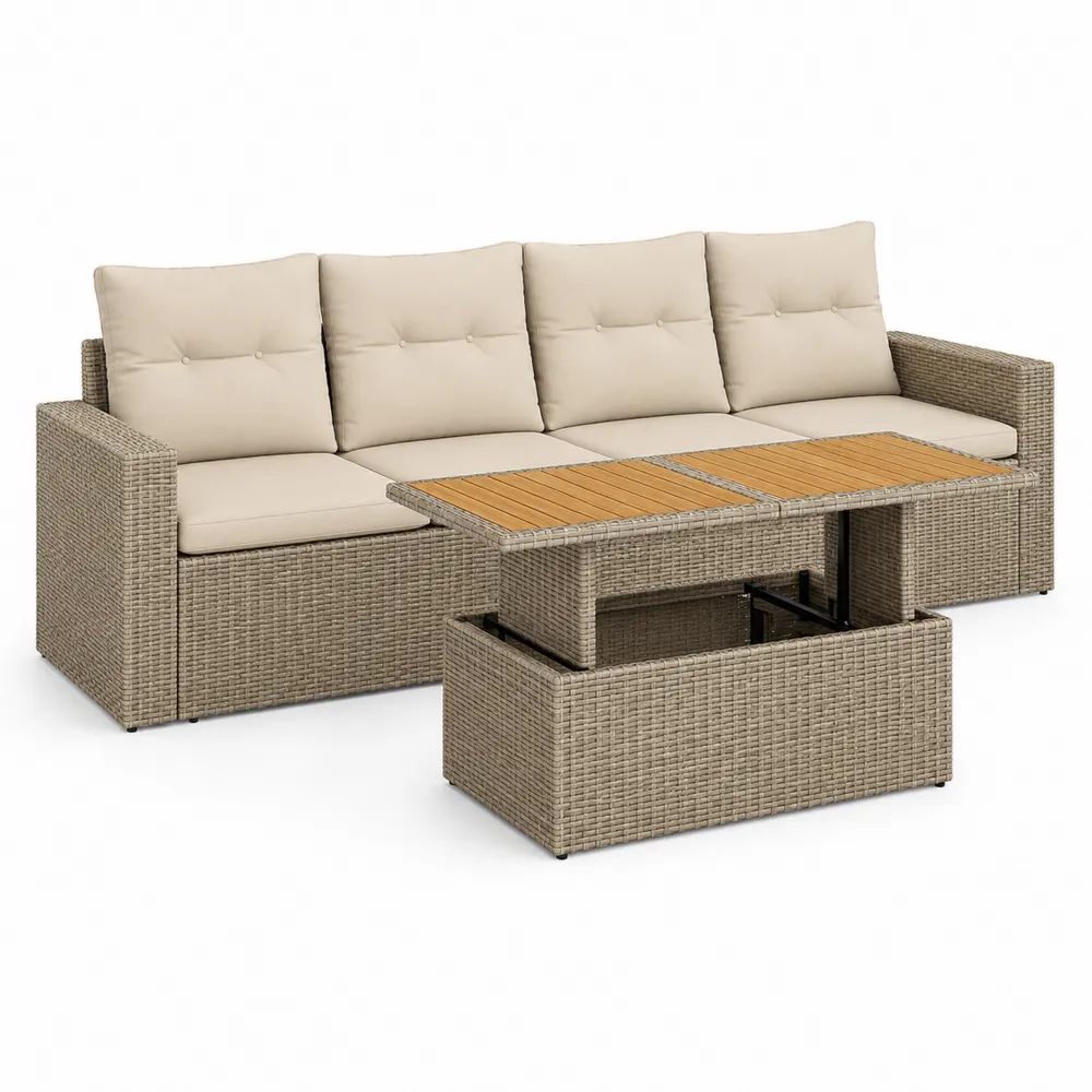 Salon de jardin extérieur 4 places 2 pièces en résine tressée taupe avec canapé 242 x 78 x 83 cm et table relevable avec coffre 120 x 60 x 45-68 cm