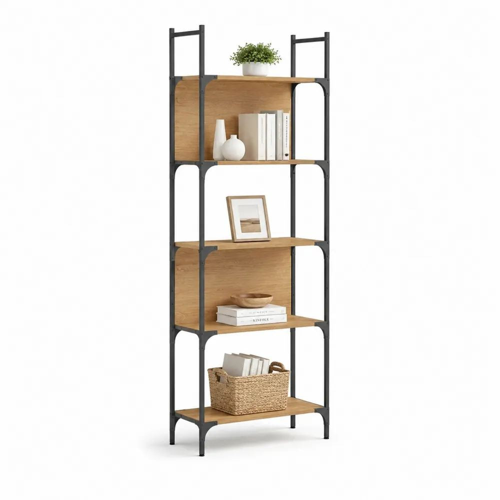 Bibliothèque étagère rectangulaire à 5 niveaux en panneaux de particules mélaminés et acier noir, aspect chêne naturel, 60 × 30 × 180 cm