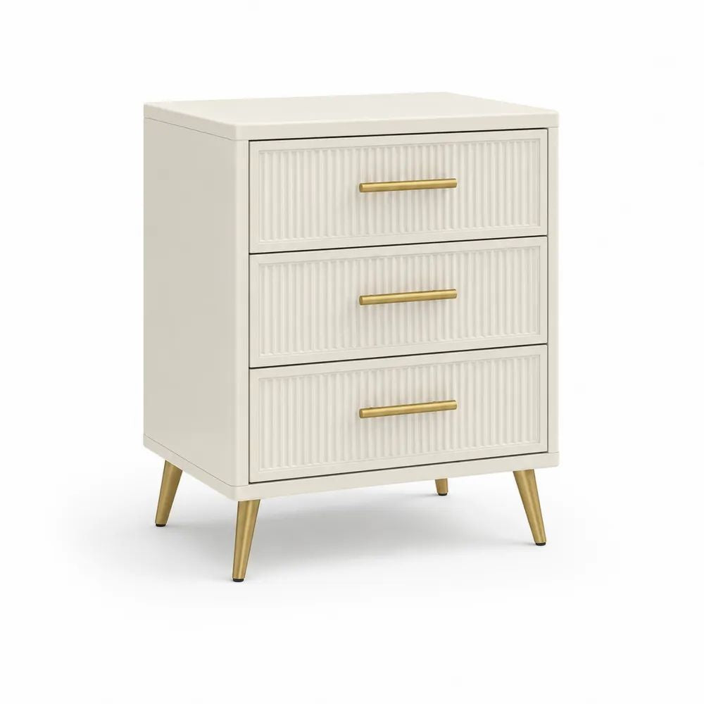 Table de chevet rectangulaire à 3 tiroirs en MDF et acier, blanc cassé et doré, 45 × 35 × 65 cm