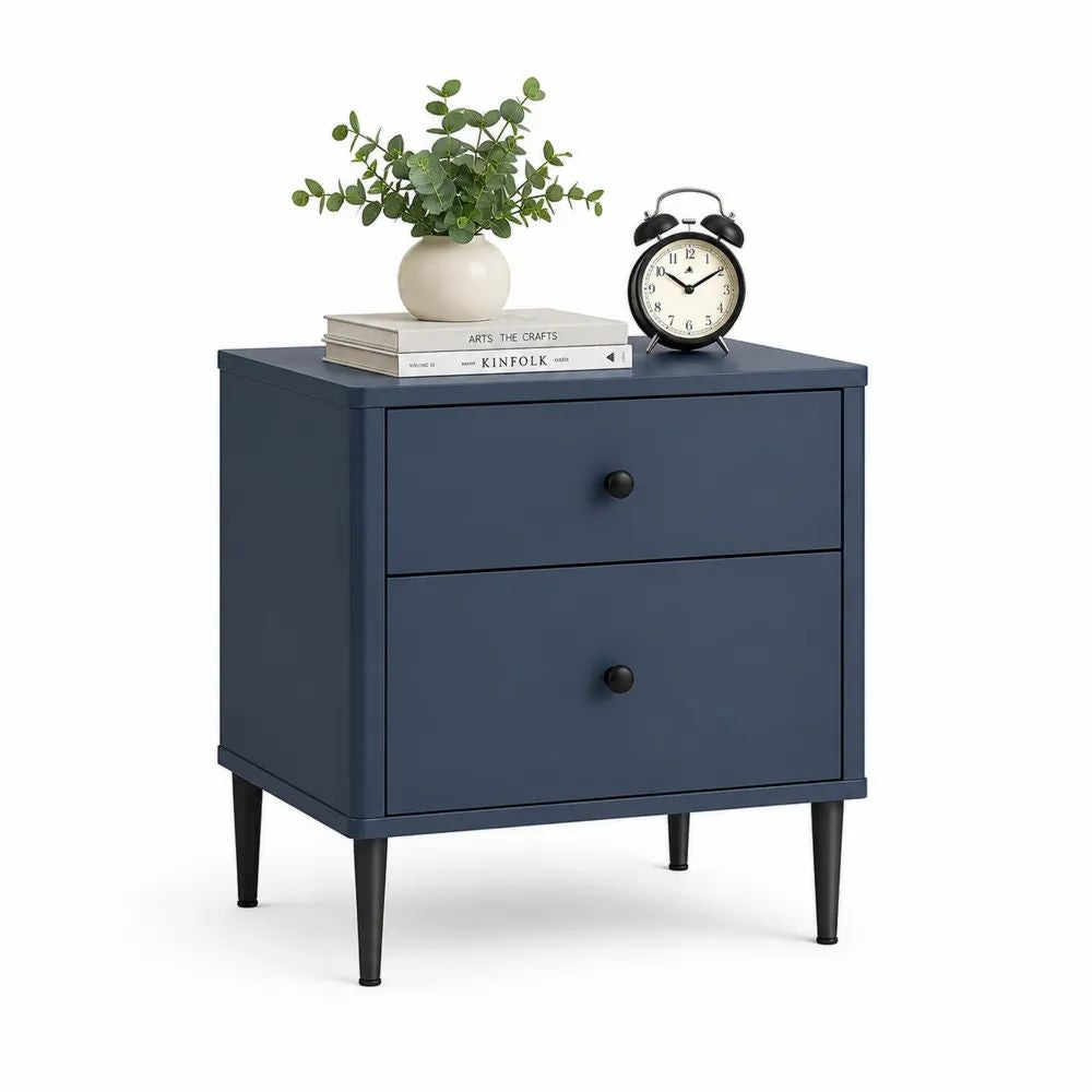 Table de chevet rectangulaire à 2 tiroirs en MDF bleu marine et métal noir, 50 × 40 × 60 cm