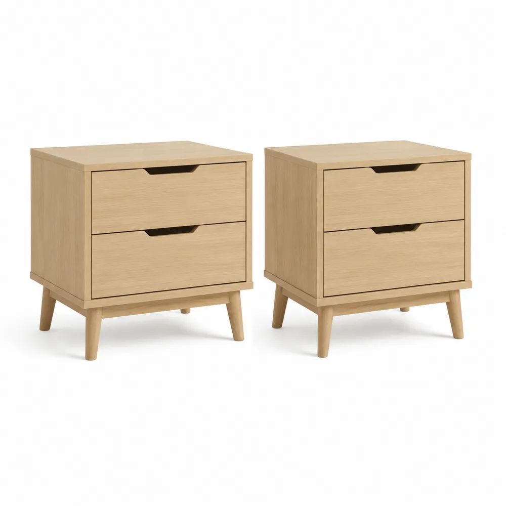 Lot de 2 tables de chevet rectangulaires en panneaux de particules et bois massif, 2 tiroirs, chêne clair, 45 × 40 × 55 cm
