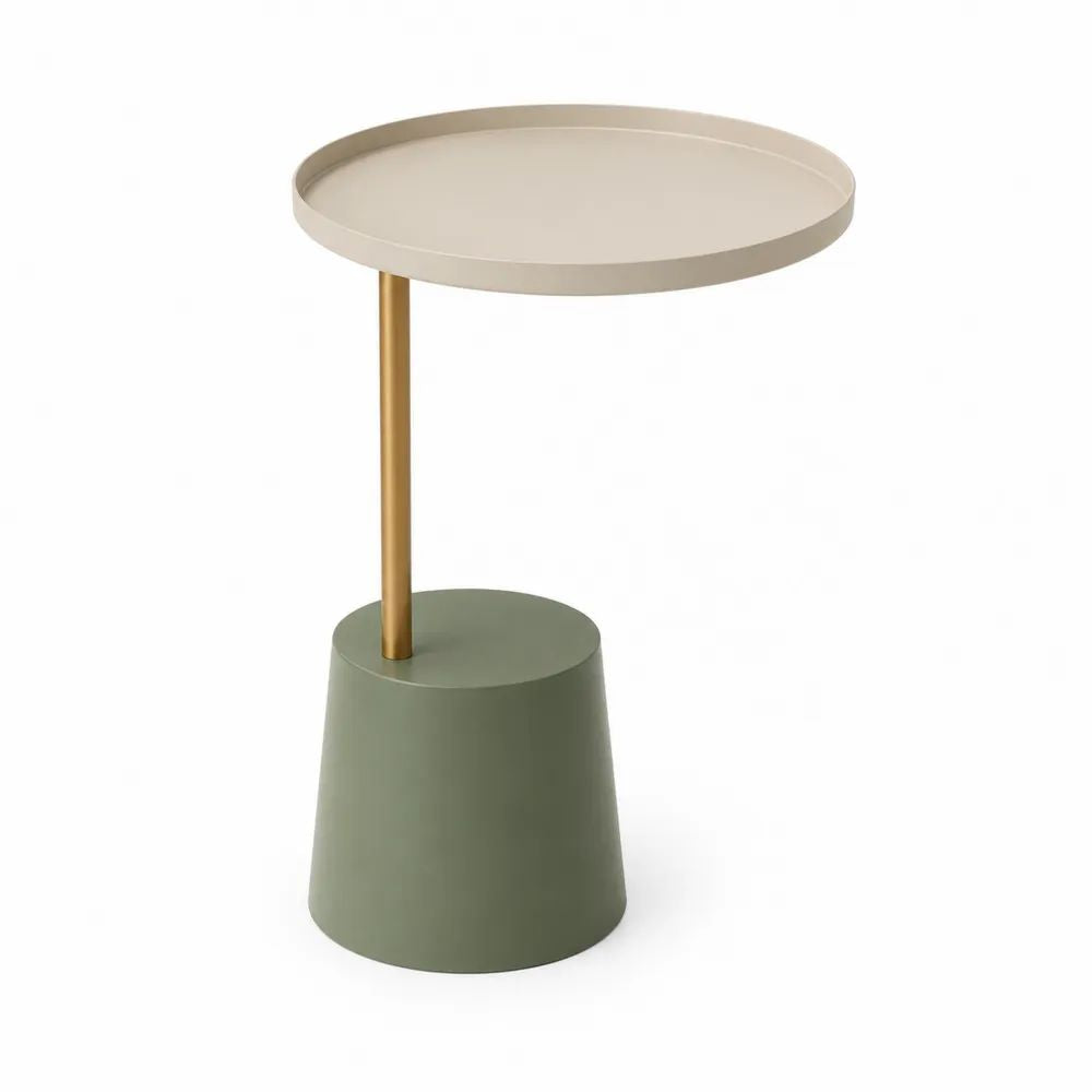 Table d’appoint ronde en acier beige, vert olive et doré Ø 40 × H 55 cm