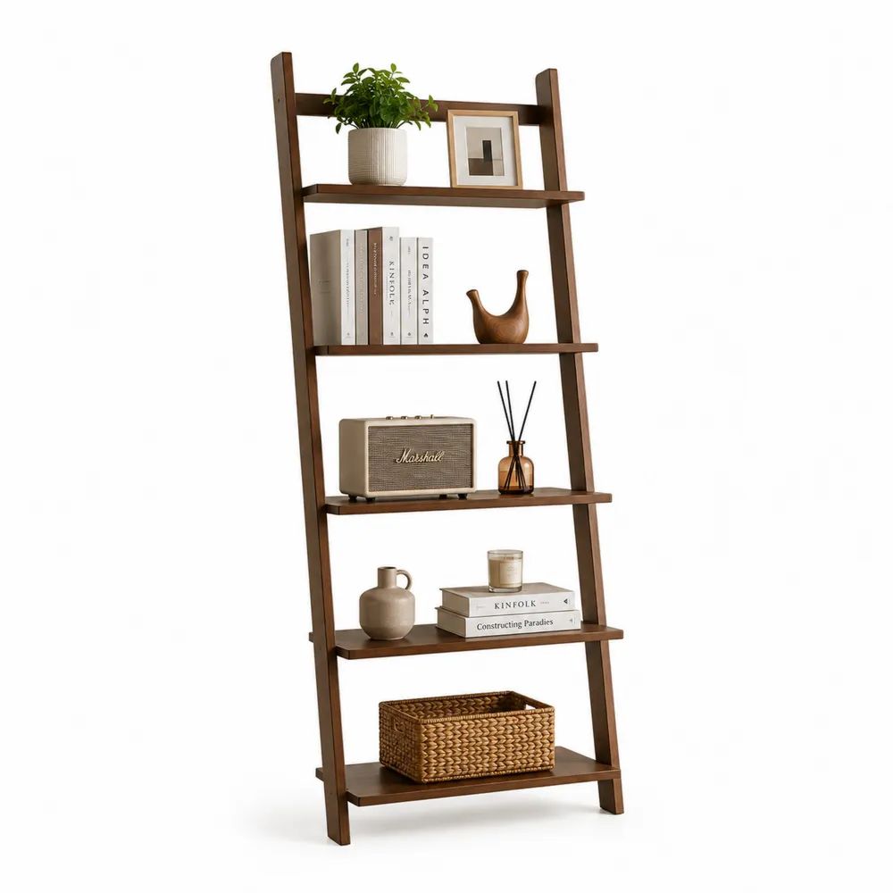 Bibliothèque étagère échelle inclinée à 5 niveaux en bois, marron noyer, 64 × 35 × 180 cm