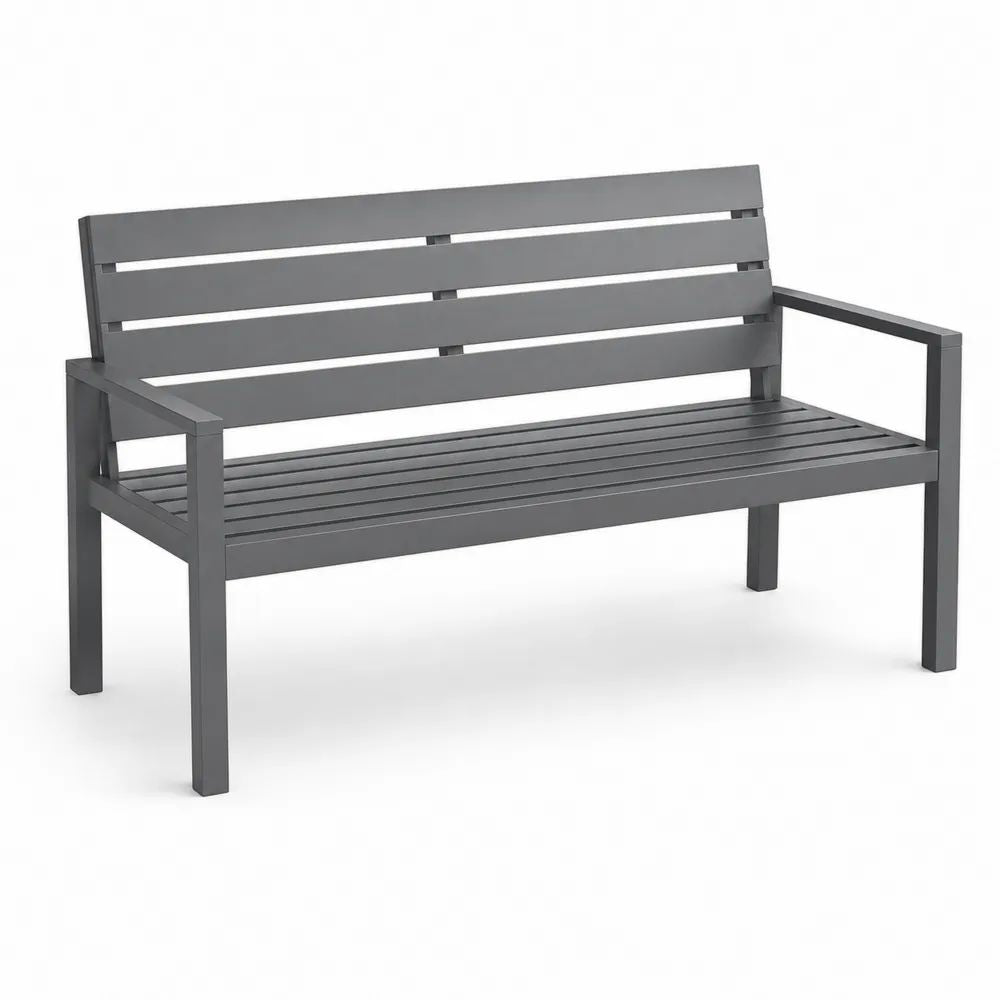 Banc de jardin extérieur 2 places en acier gris anthracite à lattes, 120 × 60 × 85 cm
