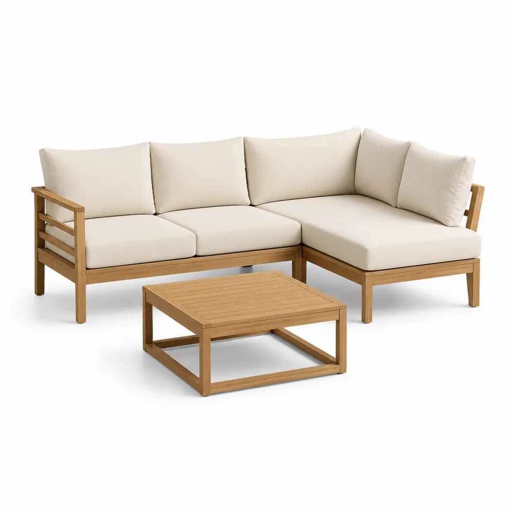 Salon de jardin d’angle 4 places, ensemble 3 pièces en bois d’acacia massif avec coussins écrus, 220 x 150 x 78 cm, table basse 80 x 80 x 35 cm