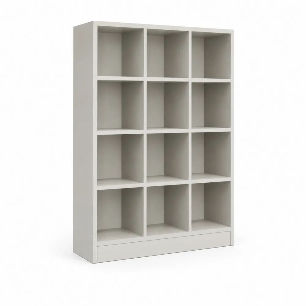 Bibliothèque ouverte rectangulaire 12 cases en panneaux de particules mélaminés blanc cassé, 108 × 30 × 150 cm