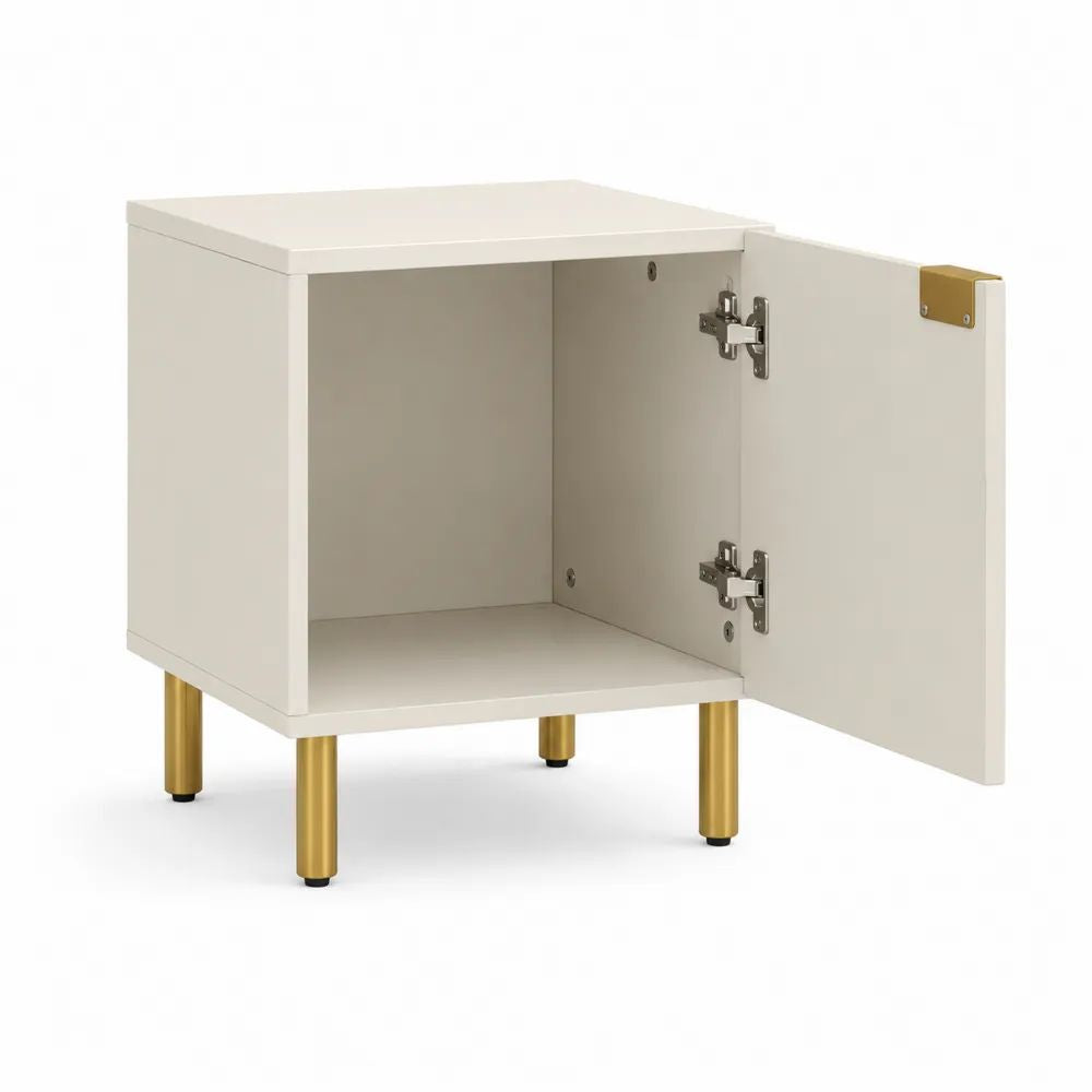 Table de chevet rectangulaire avec porte en panneau de particules mélaminé et acier, blanc et doré, 40 × 35 × 50 cm