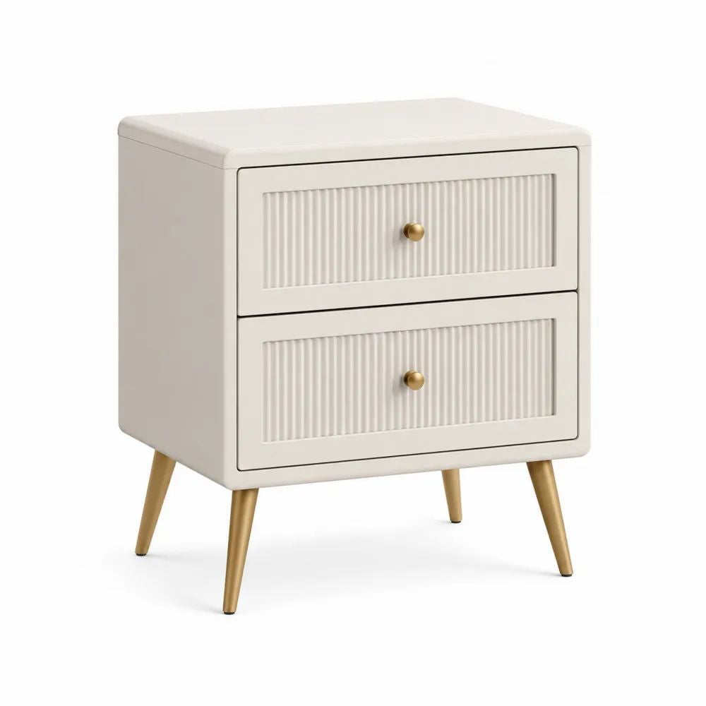 Table de chevet rectangulaire à 2 tiroirs en bois et acier, blanc cassé et doré, 50 × 40 × 55 cm