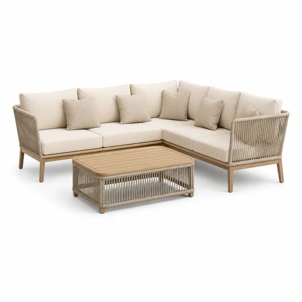 Salon de jardin d’angle 5 places en aluminium et corde tressée beige avec table basse – canapé 250 × 250 × 76 cm, table 110 × 60 × 42 cm