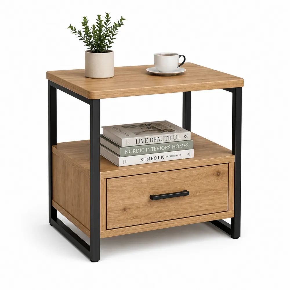 Table d’appoint rectangulaire avec tiroir et étagère en panneau de particules mélaminé effet chêne et acier noir, 50 × 40 × 55 cm