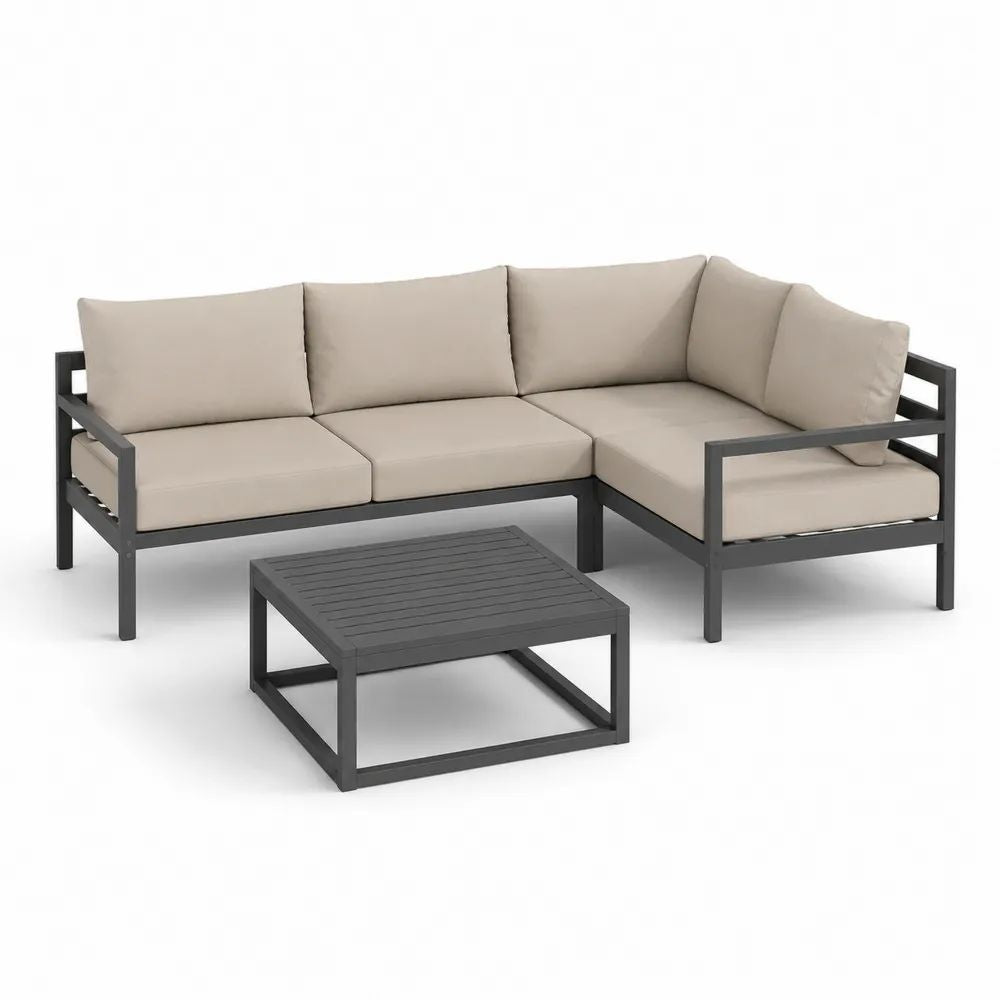 Salon de jardin extérieur 2 pièces, canapé d’angle droit en L 4 places en acier anthracite avec coussins beige 210 × 140 × 75 cm et table basse 70 × 70 × 36 cm