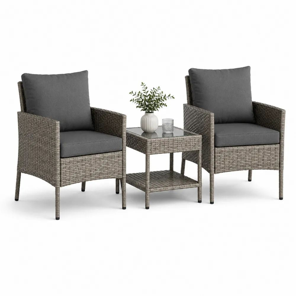 Salon de jardin extérieur 2 places, 3 pièces en résine tressée gris taupe, 2 fauteuils 59 × 60 × 85 cm et table en verre 40 × 40 × 50 cm