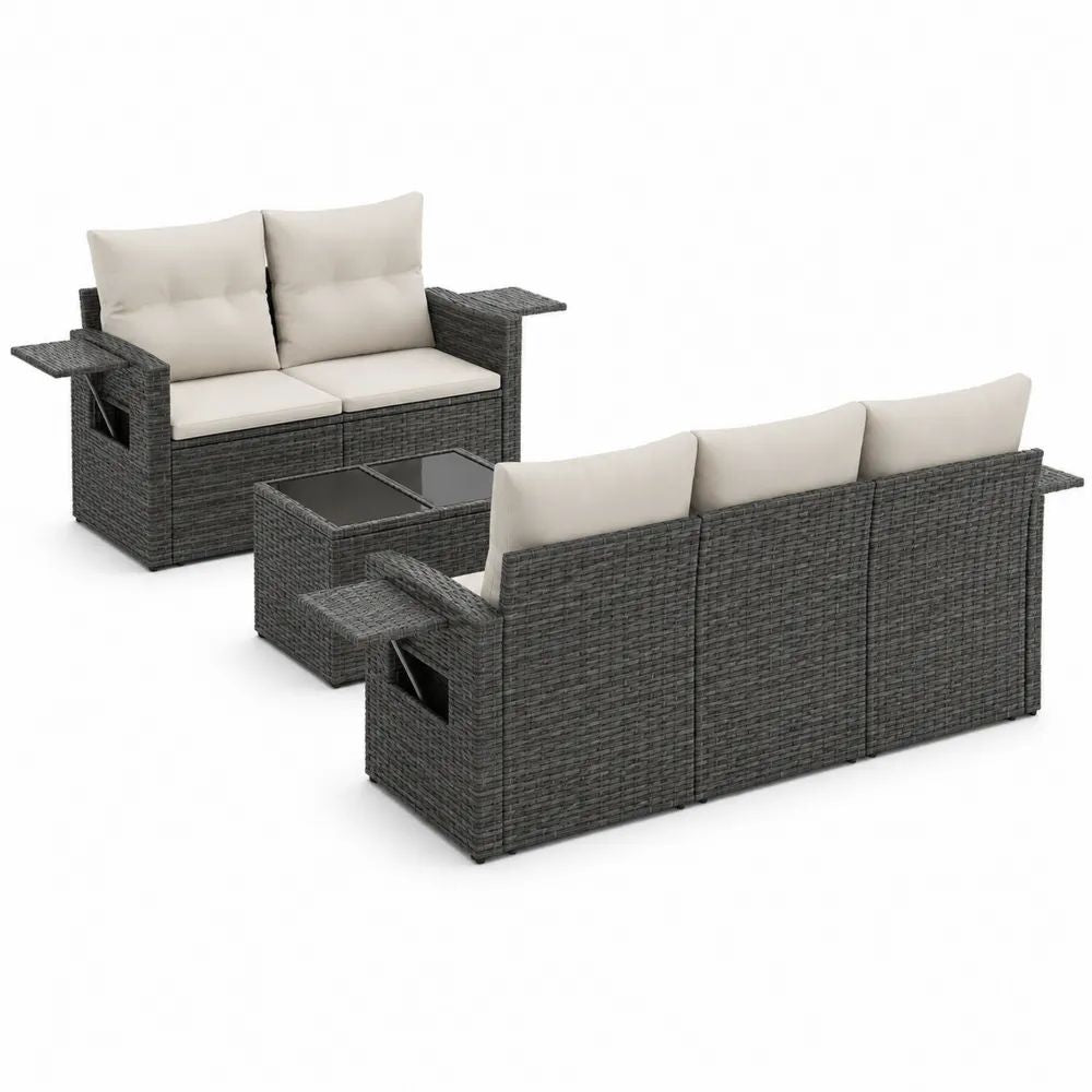 Salon de jardin extérieur 4 pièces 5 places en résine tressée gris anthracite avec coussins crème, canapés de 180 x 65 x 72 cm et 125 x 65 x 72 cm