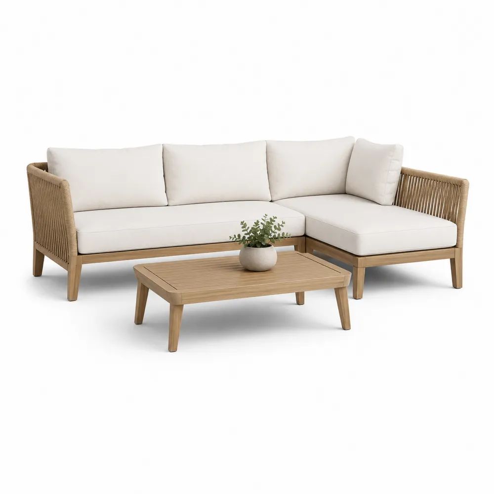 Salon de jardin d’angle à droite 3 pièces, 4 places, avec table basse en acacia massif, corde tressée et tissu écru, 238 × 158 × 75 cm
