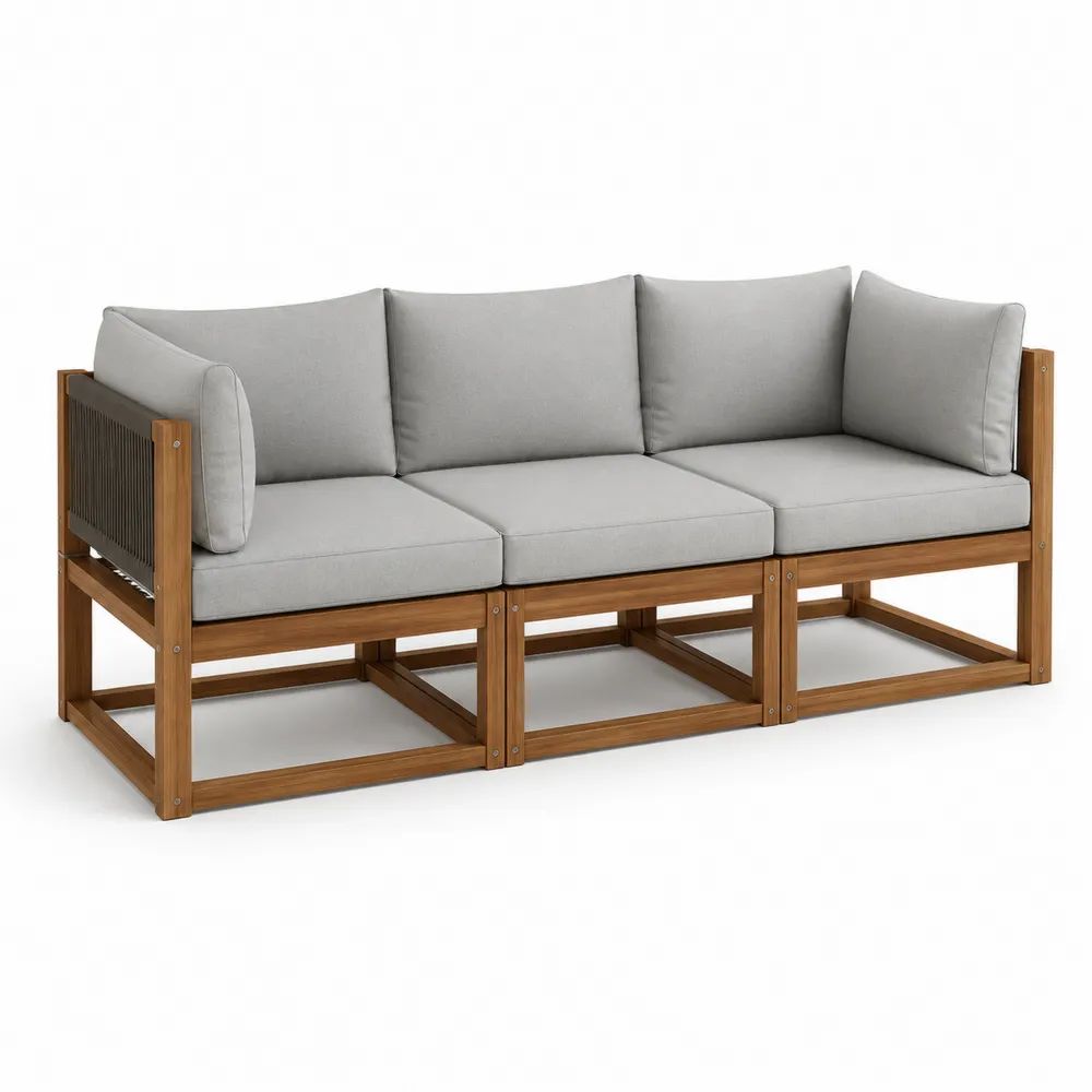 Canapé de jardin modulable 3 places en bois massif avec coussins gris clair, 203 × 76 × 68 cm