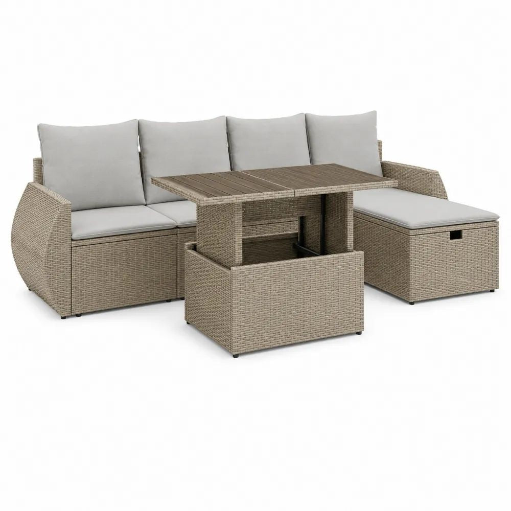 Salon de jardin extérieur 3 pièces en résine tressée, canapé d’angle 4 places et table relevable 120 × 60 × 48-70 cm, beige taupe et gris clair