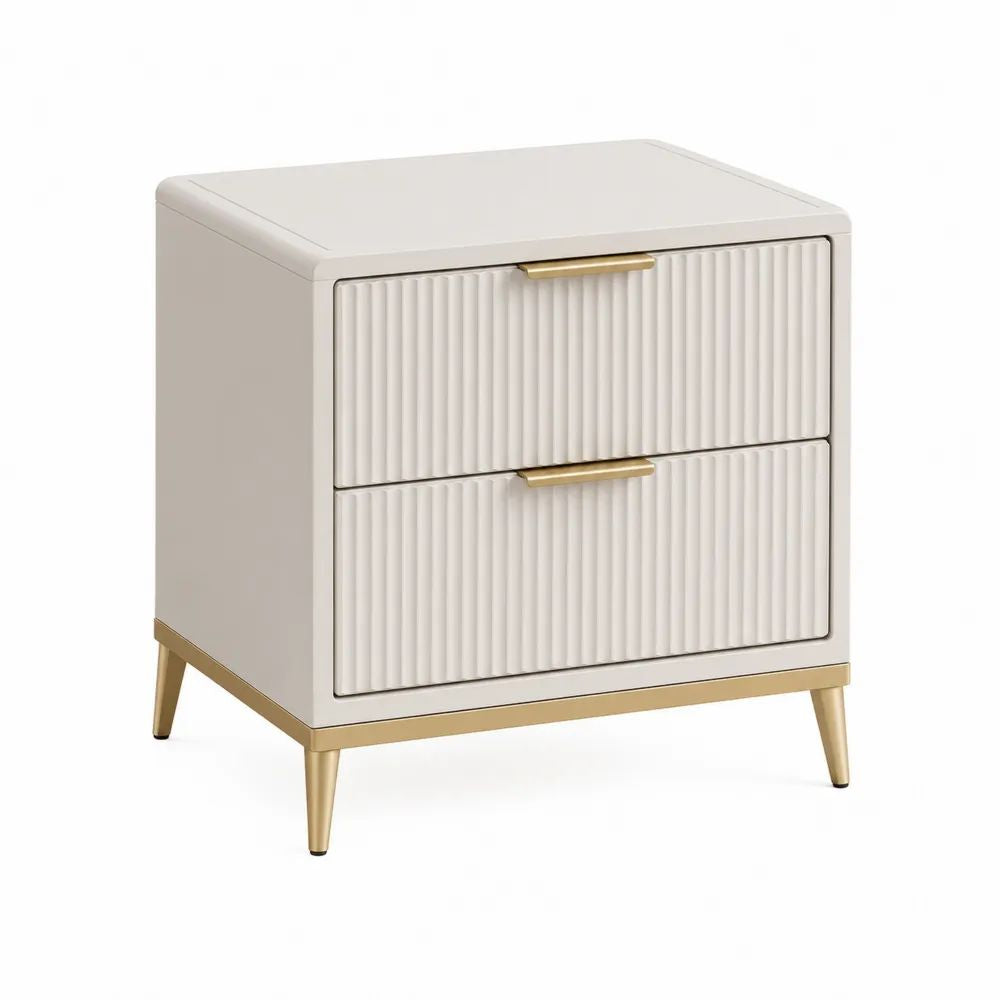 Table de chevet rectangulaire à 2 tiroirs en MDF laqué et métal doré, blanc cassé, 50 × 40 × 55 cm