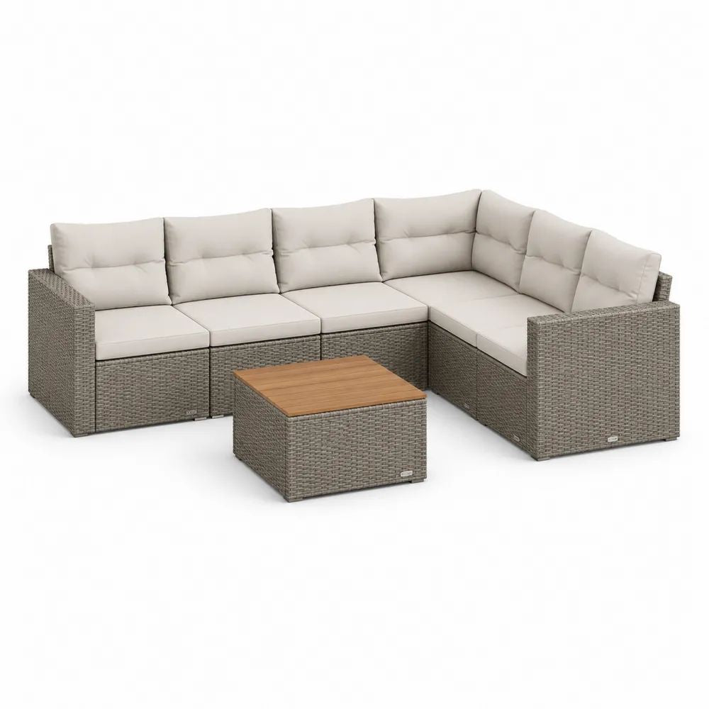 Salon de jardin d’angle 7 pièces 6 places en résine tressée grise avec coussins beiges et table en bois, 262 × 202 × 68 cm